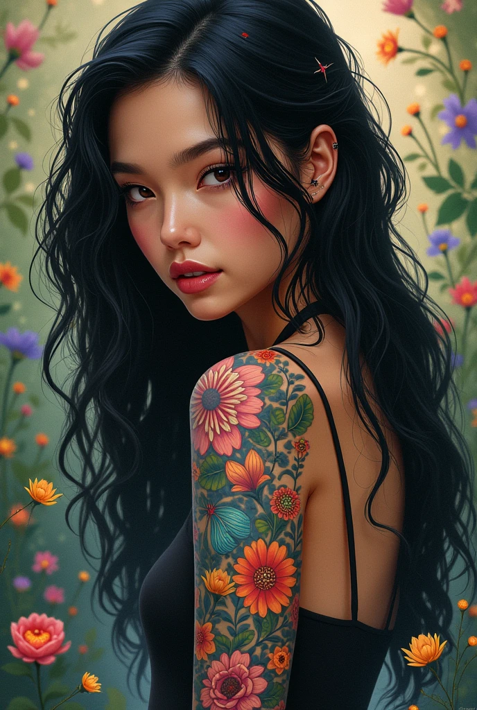DISNEY black hair long tattoo colorful flowers on the arm stylist Vianey