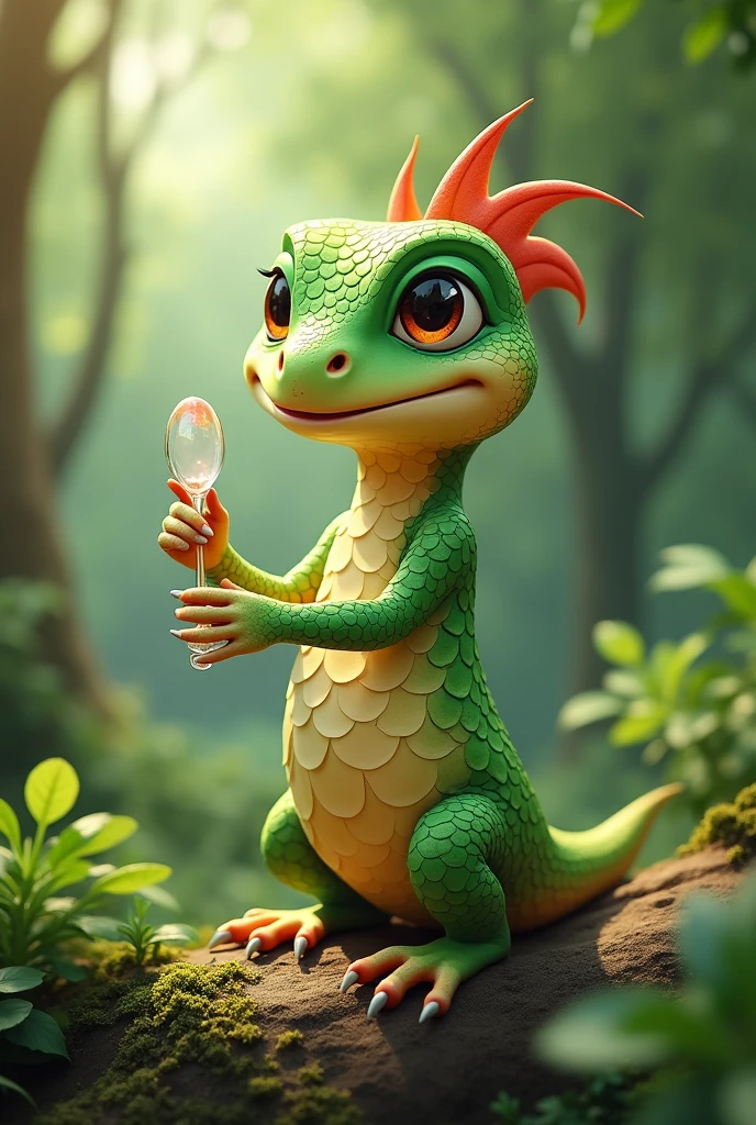 A cute mascot of a camphor tree. A lizard holding a glass utensil.