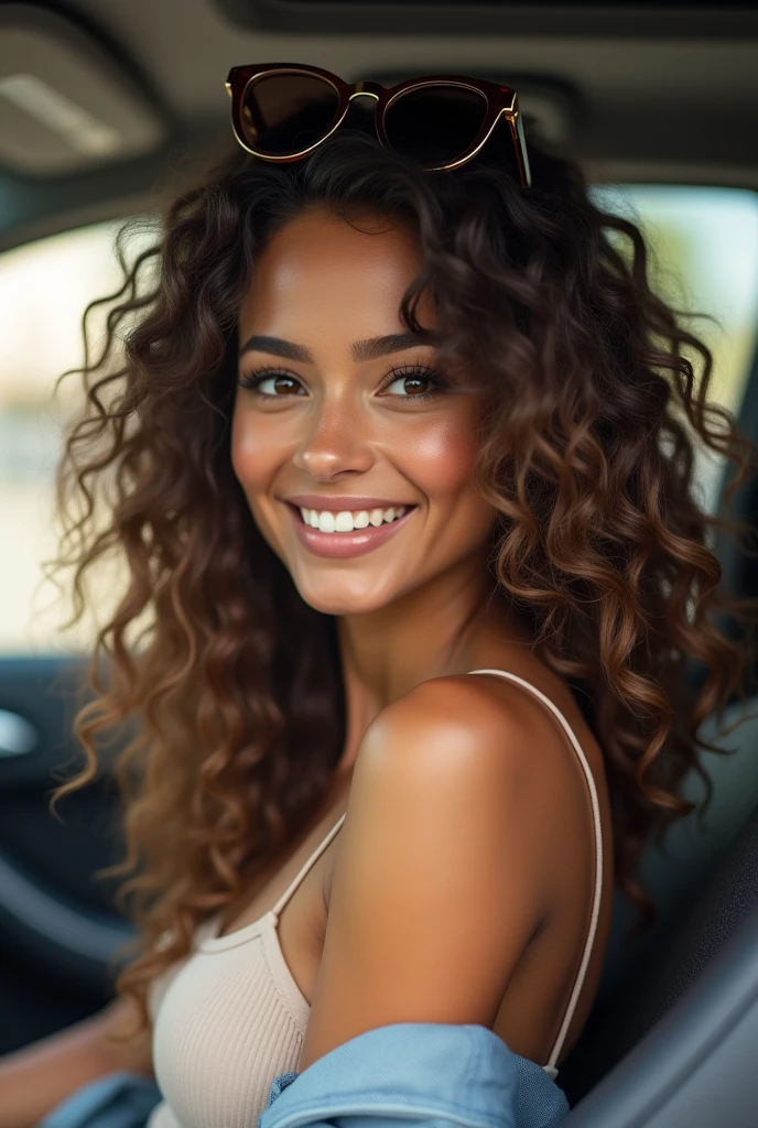 (photorealism:1.2), beautiful woman, fair skin, long curly hair, smiling, sassy, ready to go shopping in car, relaxed pose, extremely realistic, intricate details. Sunglasses,