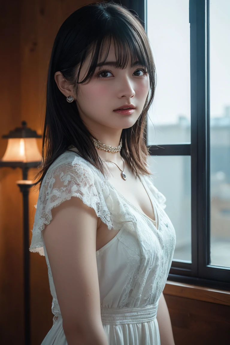 (Highest quality:1.4),(masterpiece:1.4),(Realistic:1.4),(Realistic:1.2),(超High resolution, RAW Photos:1.4),(High resolution, Ultra-detailed:1.2),(8k:1.2),View your viewers,Cinematic photography,One person,skeletally correct,Black-haired woman,Woman in her early 20s,(Small earrings,necklace,Lace dress),(Western-style building interior,Dimly lit room,The lamplight shines on my cheeks)
