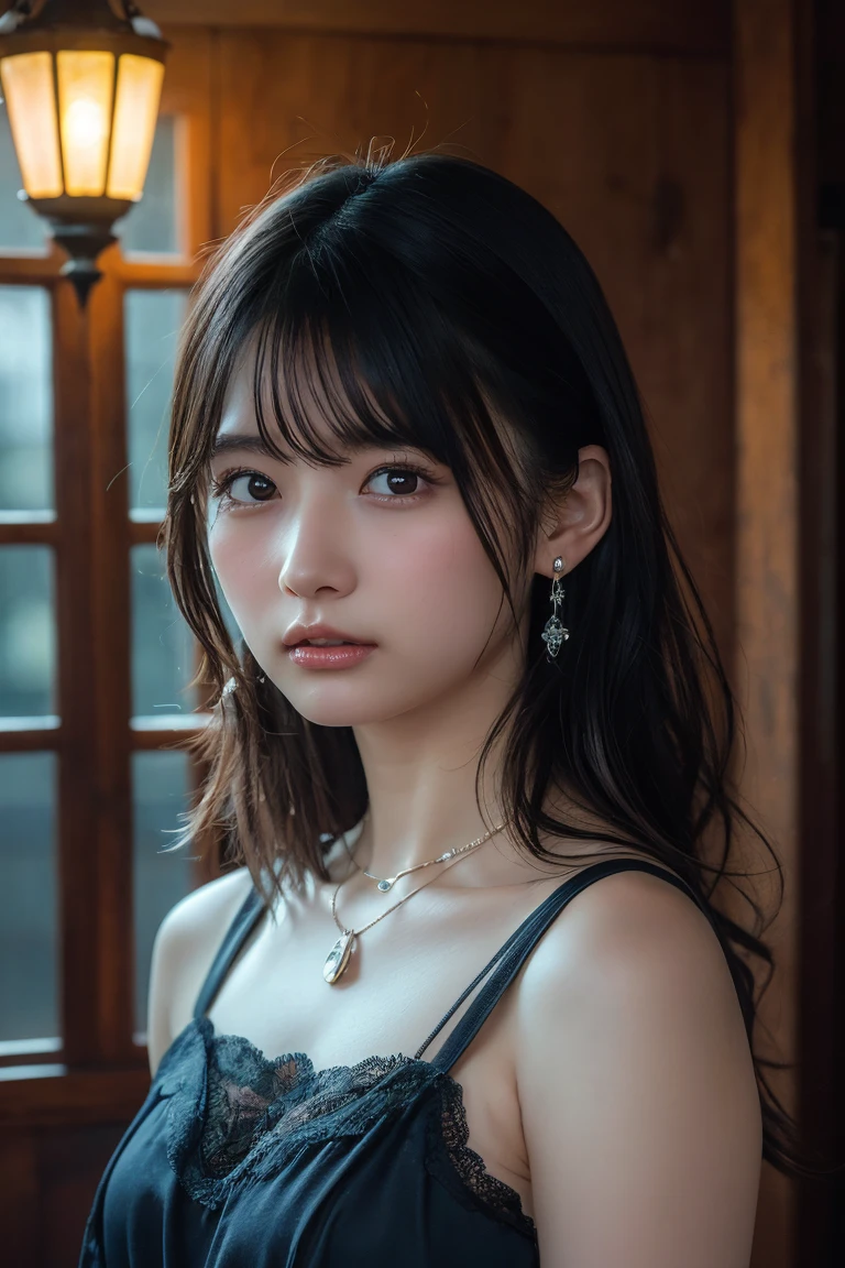 (Highest quality:1.4)，(masterpiece:1.4)，(Realistic:1.4)，(Realistic:1.2)，(超High resolution， RAW Photos:1.4)，(High resolution， Ultra-detailed:1.2)，(8k:1.2)，View your viewers，Cinematic photography，One person，skeletally correct，Black-haired woman，Woman in her early 20s，(Small earrings，necklace，Lace dress)，（Western-style building interior，Dimly lit room，The lamplight shines on my cheeks）
