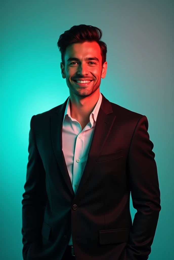 A young Man With Dark hair and a confident smile He is Dressed in a black blazer over a white shirt The man is positioned against aqua colour backdrop with a subtle red lighting on t