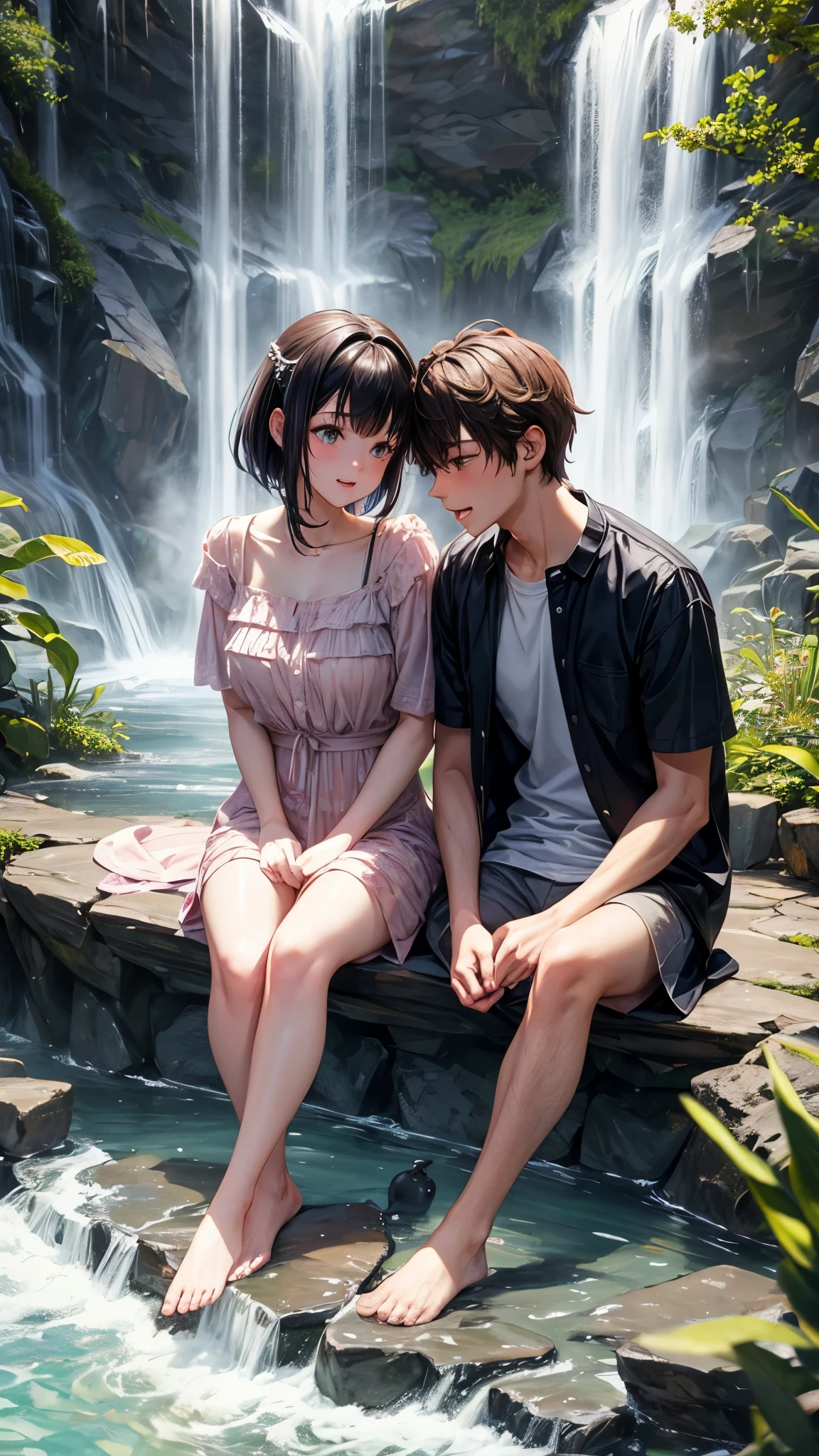 A couple is sitting under a waterfall. The couple is wearing short clothes. It is evening and they are also some animals.