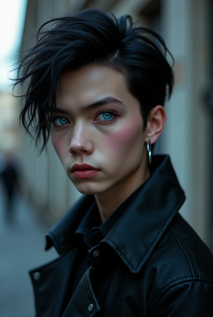 Boy with short black hair, but with style, blue colored eyes, similar to Andy Black from the band Black veil Brides.