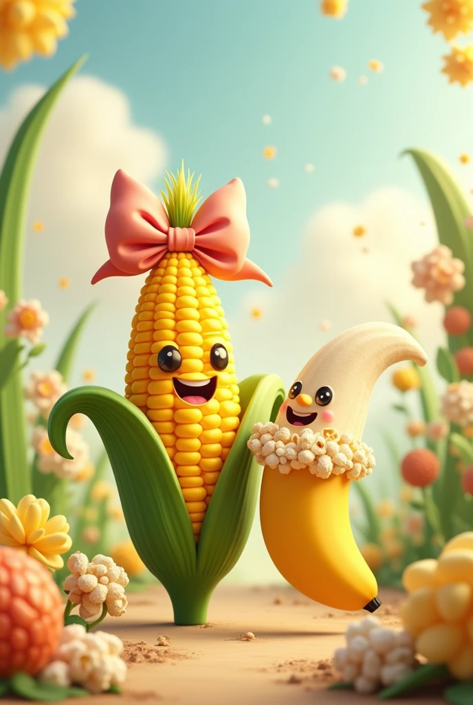 Corn with a big bow on its head, popcorn and banana groom with hair