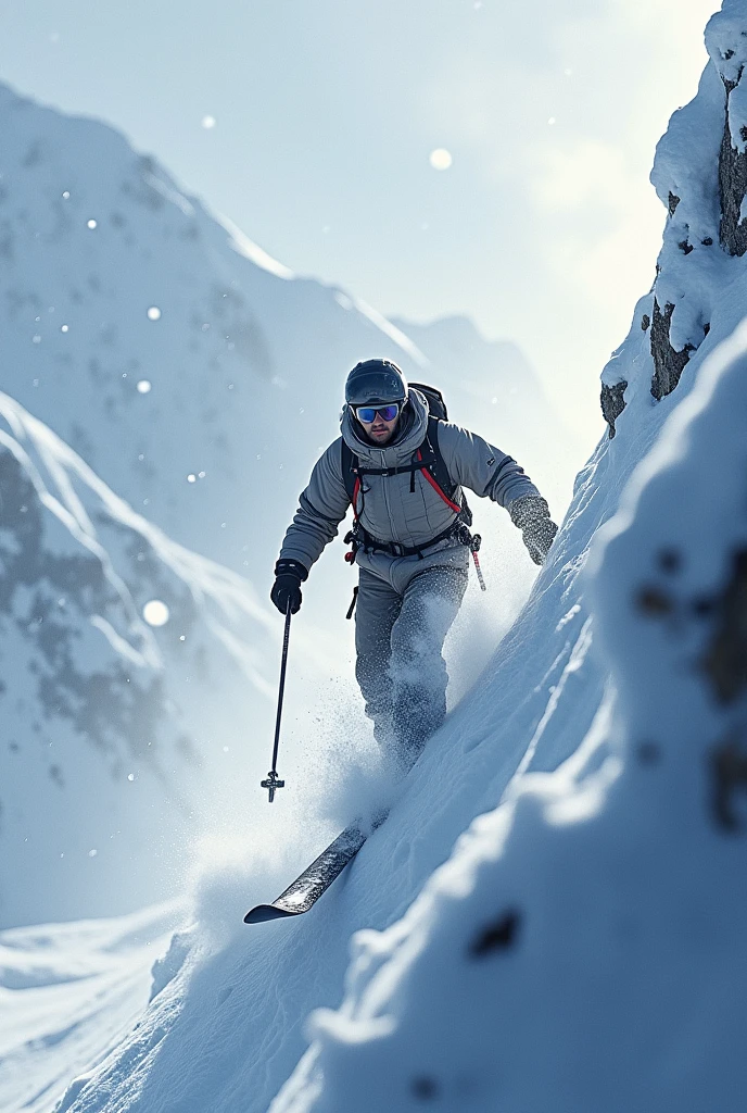 "A determined skier climbing a steep, snowy incline, struggling against the falling snow. His breath is visible in the cold air, and the snow-covered landscape looks treacherous yet beautiful, with snowflakes softly falling around him."