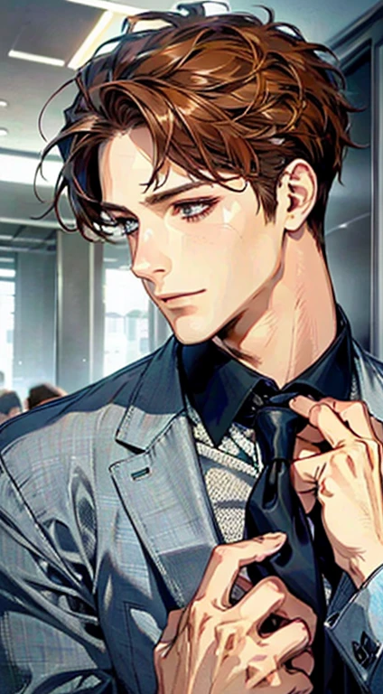 (Highest quality,4K,8K,High resolution,masterpiece:1.2),Super detailed,(Realistic,photoRealistic,photo-Realistic:1.37),1 personld,Mature Men,Beautiful skin、Profile、very handsome,Expressionless,smile,Short brown hair,blue eyes,Sharp Eyes,A perfect face without a doubt,Businessman,Office Background,Cinema Lighting,HDR image,tie、