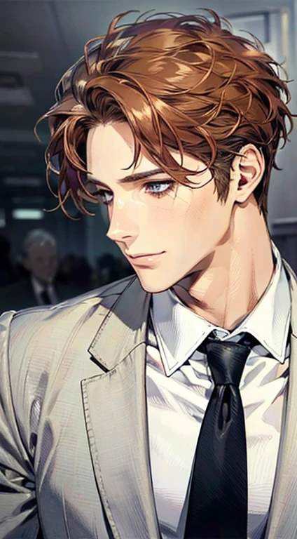 (Highest quality,4K,8K,High resolution,masterpiece:1.2),Super detailed,(Realistic,photoRealistic,photo-Realistic:1.37),1 personld,Mature Men,Beautiful skin、Profile、very handsome,Expressionless,smile,Short brown hair,blue eyes,Sharp Eyes,A perfect face without a doubt,Businessman,Office Background,Cinema Lighting,HDR image,tie、