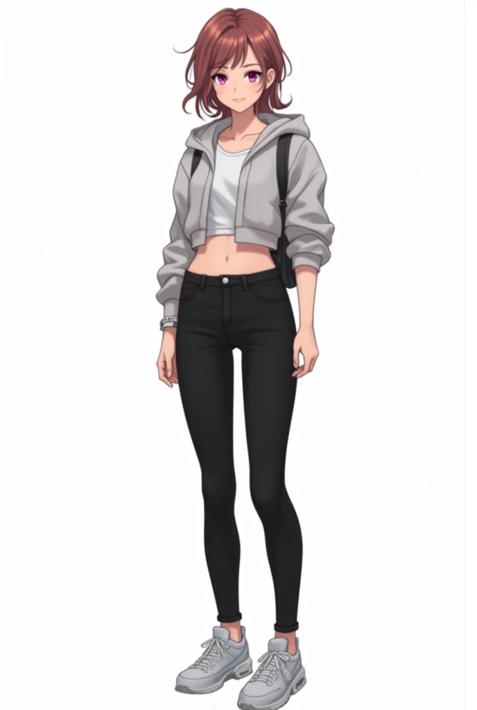 Modern women character in anime and blck jeans and white background with Full body photo