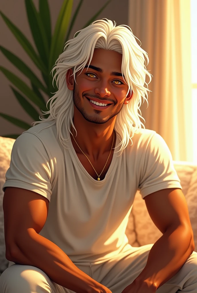 Attractive man with a warm smile, athletic body dressed in pants and a loose t-shirt, Her skin is dark and her white hair is waist-length, matching her yellow eyes.