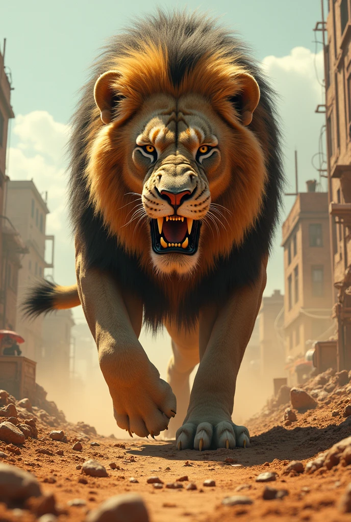 Wild lion mad max style, in mad max scene, apocalyptic dayloght scene