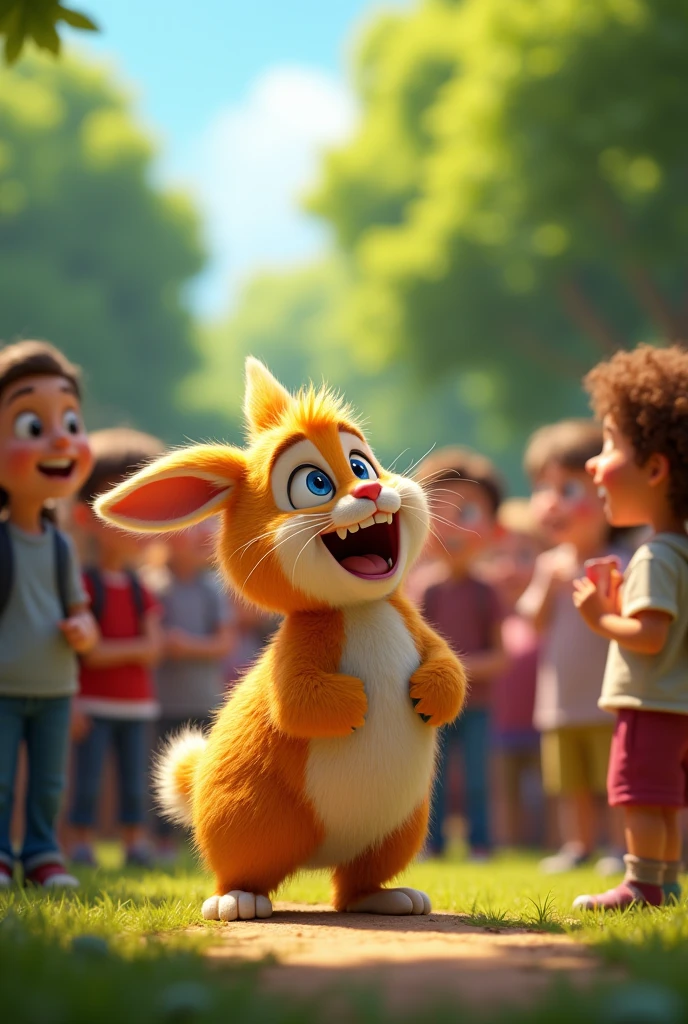 **People in the park laugh while watching Bunty.**
- "A crowd of people in the park are laughing as they watch Bunty do silly actions, their faces full of amusement."