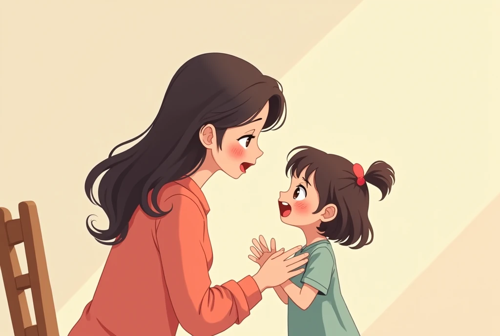 A cartoon image of a mother and her daughter communicating and talking, cartoon, cute cartoon, cute cartoon style, motherly love, cute illustration, clean anime art