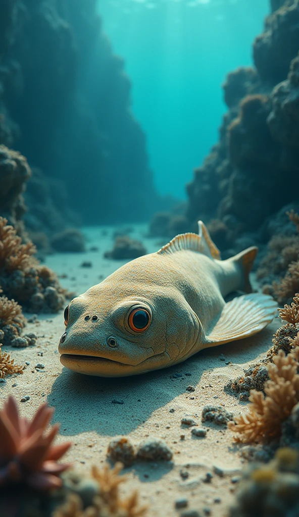 Create an image of a flounder blending into the ocean floor by changing its color.".4k