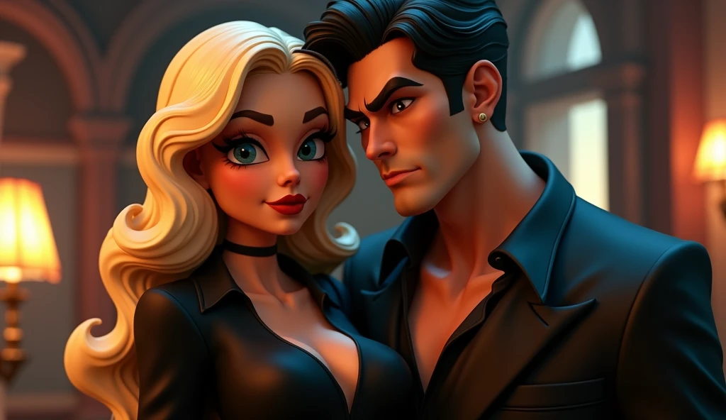 mafia couple (black hair masculine male, blonde hair full weight females), suiteless, black shirts, cute face, 3D cartoon, caricatuerized, masterpiece, extreme detail, cinematic lighting, 4k
