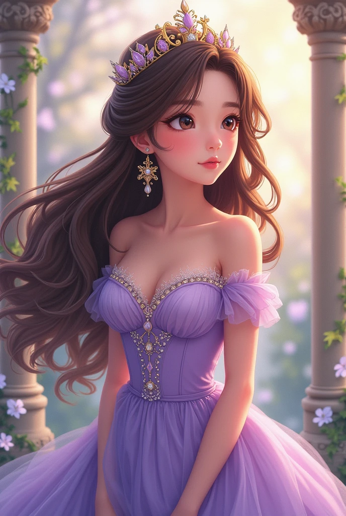 Cute brown hair anime girl princess with purple dress and beautiful body