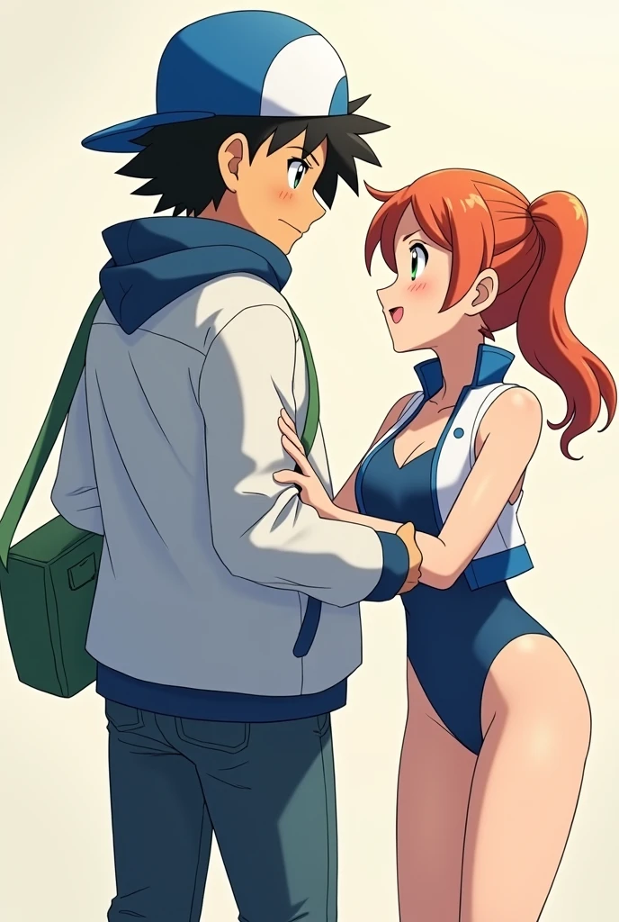 masterpiece, Best Quality, A high resolution, premium, animated style, ash/satoshi(high, 30 years, black hair, blue cap, Brown eyes, Pokémon Trainer) the best lighting, tender face, misty/kasumi, 1 woman, high, 30 years, blue swimsuit, white jacket with blue collar, orange hair, short hair tied in a side ponytail, shoulder length hair, green eyes, messy bangs,dynamic angle, Confident smile, Deep and vibrant colors, beautiful short dress, simple and neutral background
