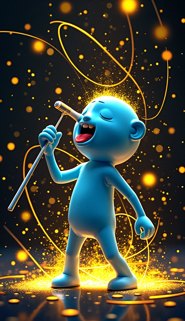 a blue abstract cartoon singer with lights, in the style of kinetic lines and curves, light black and yellow, schlieren photography, dotted, trompe-l'œil illusionistic detail, sparklecore, commercial imagery