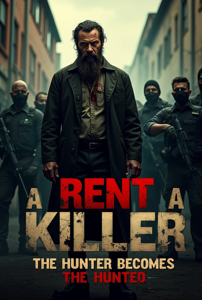 Create a poster about bearded injured serial killer around lot of gangsters fired on him added a text Rent A Killer " The Hunter becomes Hunted"
