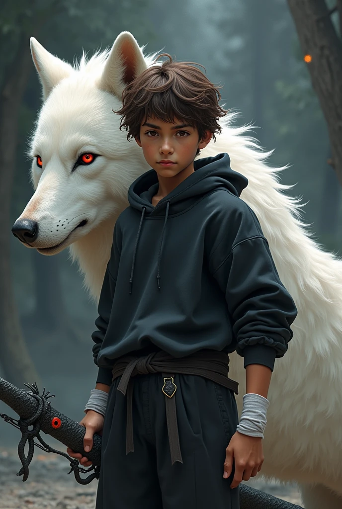 A dark-skinned adult boy with brown hair and red eyes, skinny and muscular, with a dragon-shaped katana with black pants and white wristbands, a black sweatshirt and a white wolf next to him. 

