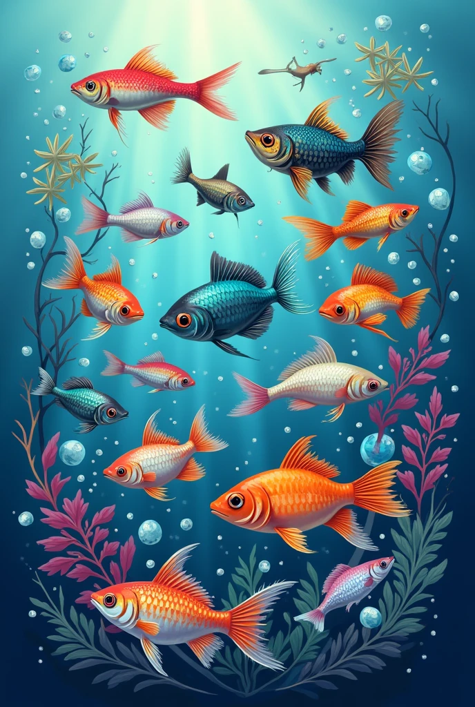Draw a logo about beautiful fish, guppies, balloon fish, swordtails.