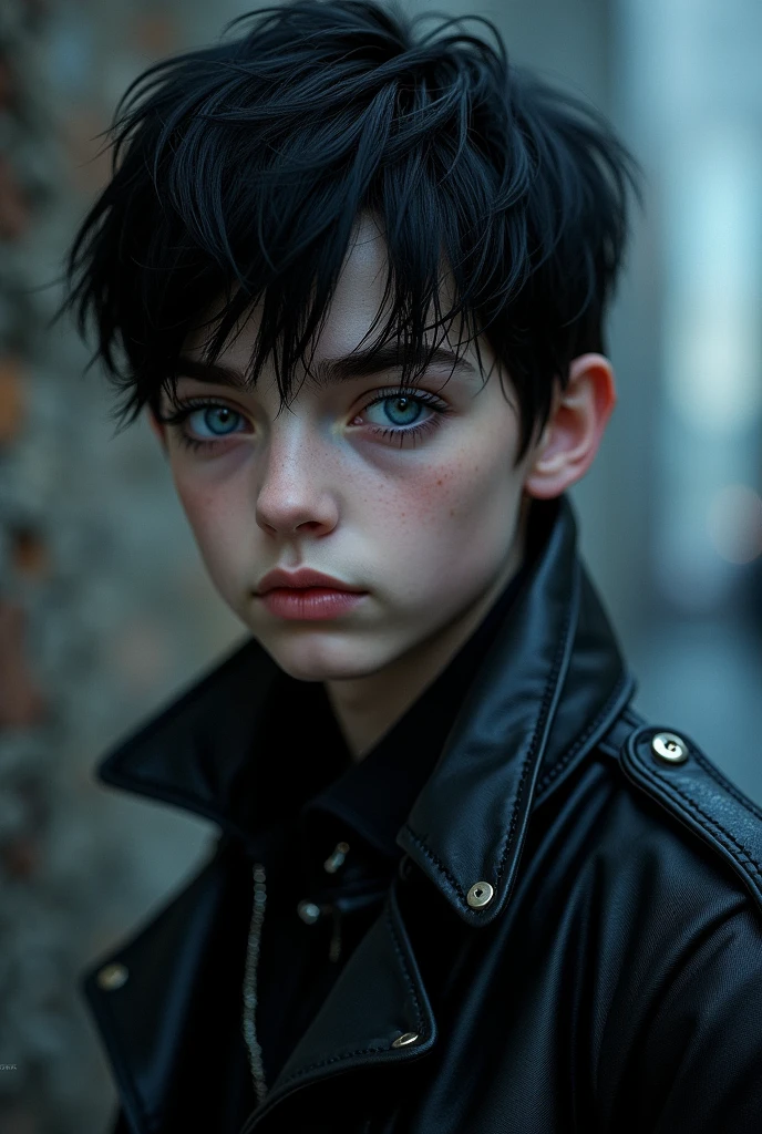 Create a young boy with pale skin. He has slightly messy and dark hair.. His eyes are grey and he has broad shoulders.. His facial features are elongated and angular with pronounced cheekbones and a marked jaw..