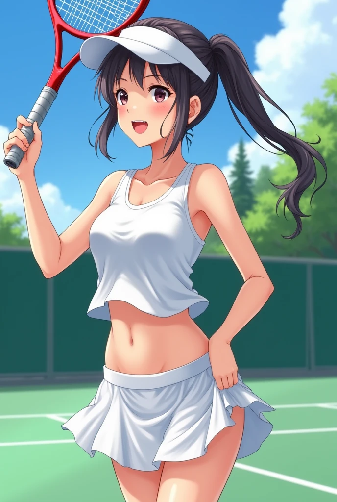 tazune rirei, masterpiece, best quality, day, in the tennis court, blush, beautiful legs, nice shaped medium breast, cameltoe, twin plaid hair, aqua eyes, nice shaped ass, detailed face, detailed eyes, detailed body, full body shot, realistic, professional lighting, narrow waist, black hair, playing tennis,white t-shirt, white tennis wear, white pleated skirt, white lace panties, sweat skin, pussy juice, wind lift, dynamic pose,