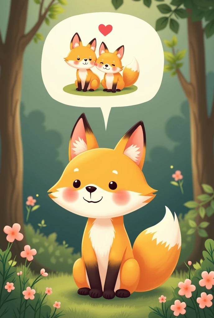 Realistic and cute,A yellow female fox who longs for love,Stand up,Speech bubble above head,A picture of fox love appears in the bubbles,Cute realistic style,Surrounded by love,Background forest garden