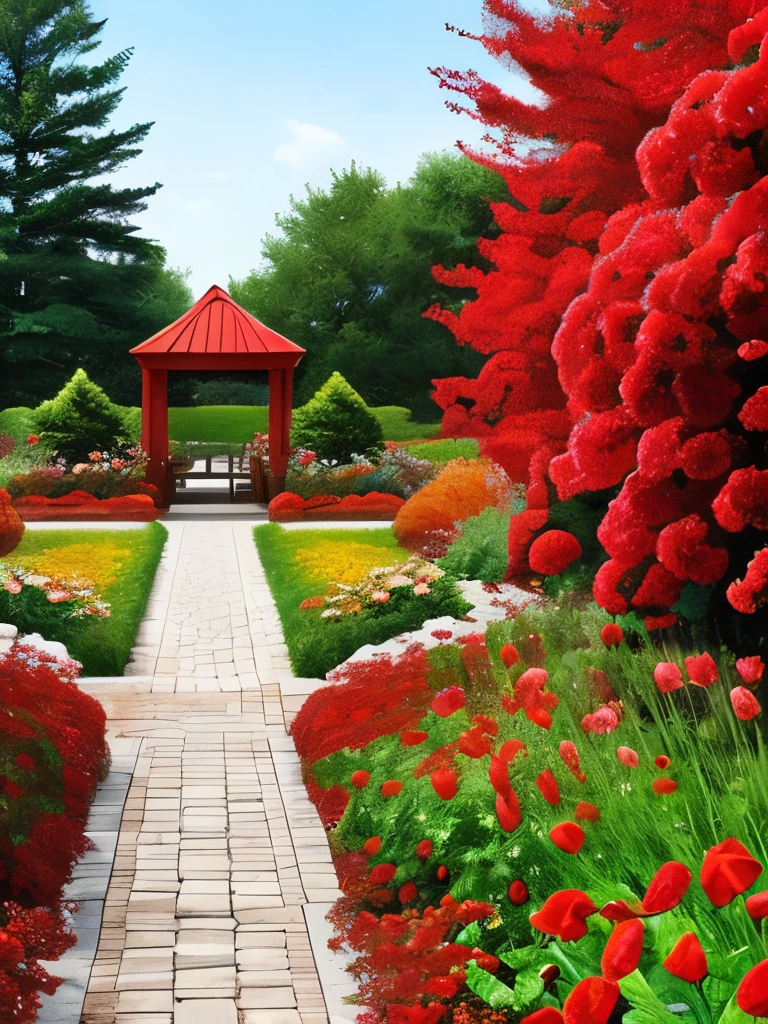 there is a gate in the middle of a garden with red flowers, a digital rendering by Pamela Drew, cg society contest winner, fine art, flame shrubs, in red gardens, cottagecore flower garden, red blooming flowers, autumn overgrowth, glimpse of red, vibrant but dreary red, in a cottagecore flower garden, vibrant red and green colours
