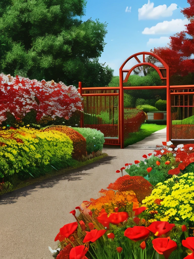 there is a gate in the middle of a garden with red flowers, a digital rendering by Pamela Drew, cg society contest winner, fine art, flame shrubs, in red gardens, cottagecore flower garden, red blooming flowers, autumn overgrowth, glimpse of red, vibrant but dreary red, in a cottagecore flower garden, vibrant red and green colours