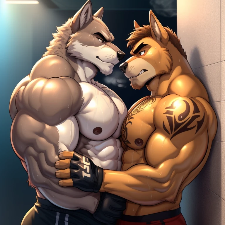 Duo male(Brown Dog vs Gray wolf), handsomes(handsome hairstyle, Thick eyebrows, detailed face), gay(cuddling, body with body, face to face, pulled against the wall), hot(Shirtless), handsomes(They are handsomes, correct anatomy), musculosos(Big muscle bodies, Six packs, muscle abs, big pecs), sweaty(very sweaty wet bodies, shiny sweat), tatuajes(they have tattoos), grumpy(Both have an grumpy expression, grumpy teeths, steaming breath), UFC gloves(They both are wearing UFC gloves), Hight resolution, by(Zourik:1.1)