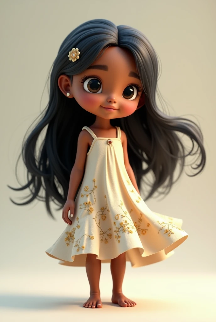 Create a full body 3d illustration of a brown  with long black hair in a dress