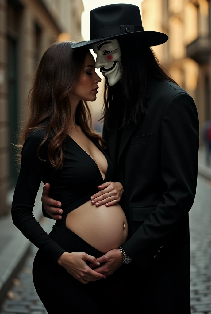 A stunning portrait of Natalie Portman She is pregnant, holding her belly, he is dressed in all black wearing a guy fawkes mask, long black straight hair, gaucho hat. V from V for Vendetta is embracing her, location is dystopian city, young and beautiful, hyper realistic, real portrait, backlit, exquisite features, cleavage, sexy, seductive, natural light, soft light, nine months pregnant, large belly, embodiment of love, bare belly, she has very shoulder length brown hair