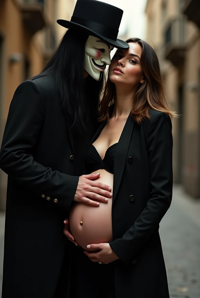 A stunning portrait of Natalie Portman She is pregnant, holding her belly, he is dressed in all black wearing a guy fawkes mask, long black straight hair, gaucho hat. V from V for Vendetta is embracing her, location is dystopian city, young and beautiful, hyper realistic, real portrait, backlit, exquisite features, cleavage, sexy, seductive, natural light, soft light, nine months pregnant, large belly, embodiment of love, bare belly, she has very shoulder length brown hair
