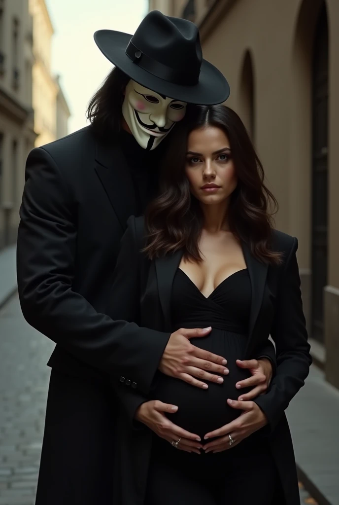A stunning portrait of Natalie Portman She is pregnant, holding her belly, he is dressed in all black wearing a guy fawkes mask, long black straight hair, gaucho hat. V from V for Vendetta is embracing her, location is dystopian city, young and beautiful, hyper realistic, real portrait, backlit, exquisite features, cleavage, sexy, seductive, natural light, soft light, nine months pregnant, large belly, embodiment of love, bare belly, she has very shoulder length brown hair