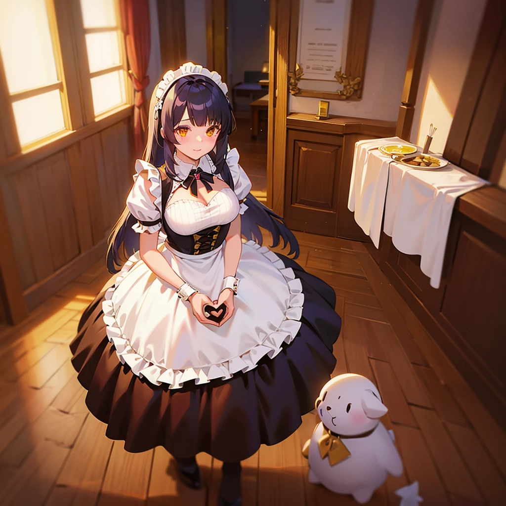 anime,chocolate black woman,dressed as a maid,Eye color: amber,Twins,Background inside the mansion,The composition is stylish,cute heart effect, big breasts, long hair