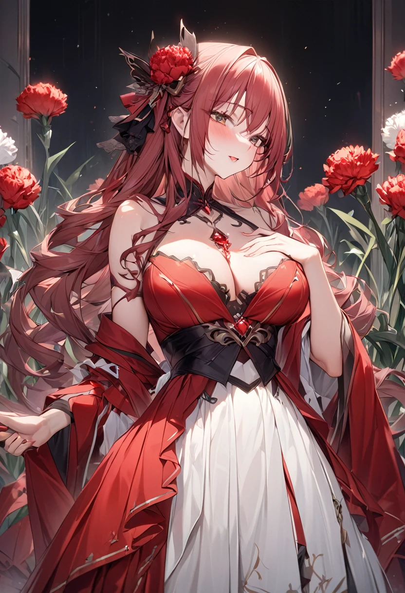 best quality,masterpiece,Ultra-high resolution,photoactual:4：0,Carnation,One girl,Double tail long curly hair,Carnation頭飾,Carnation連身花邊裙,Red gem on chest,Waist side butterfly jewelry,旁邊Carnation獨台,