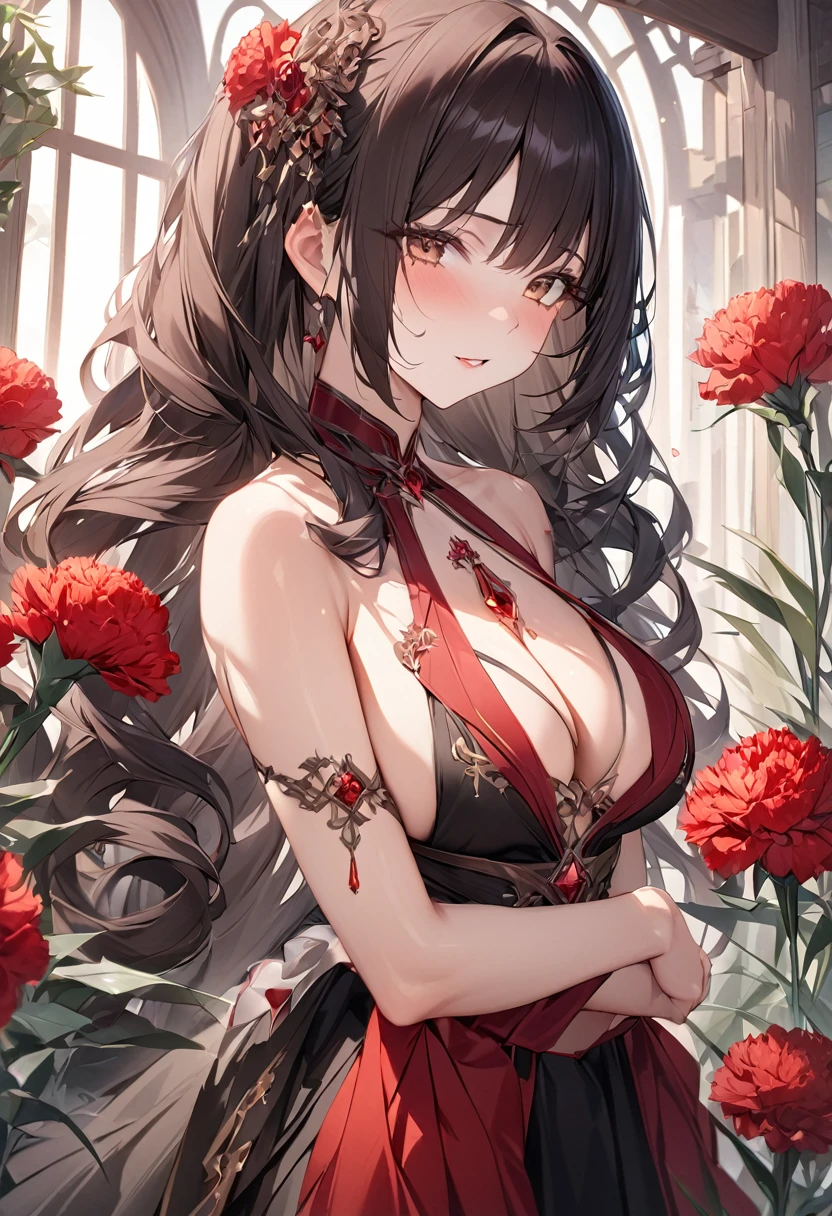 best quality,masterpiece,Ultra-high resolution,photoactual:4：0,Carnation,One girl,Double tail long curly hair,Carnation頭飾,Carnation連身花邊裙,Red gem on chest,Waist side butterfly jewelry,旁邊Carnation獨台,