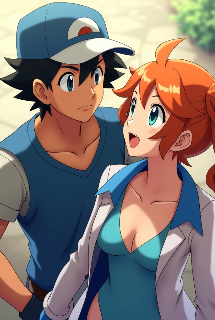 masterpiece, Best Quality, A high resolution, premium, animated style, ash/satoshi(high, strong,30 years, black hair, blue cap, Brown eyes, Pokémon Trainer) the best lighting, tender face, misty/kasumi, 1 woman, high, 30 years, blue swimsuit, white jacket with blue collar, orange hair, short hair tied in a side ponytail, shoulder length hair, green eyes, messy bangs,dynamic angle, Confident smile, Deep and vibrant colors, beautiful short dress, simple and neutral background