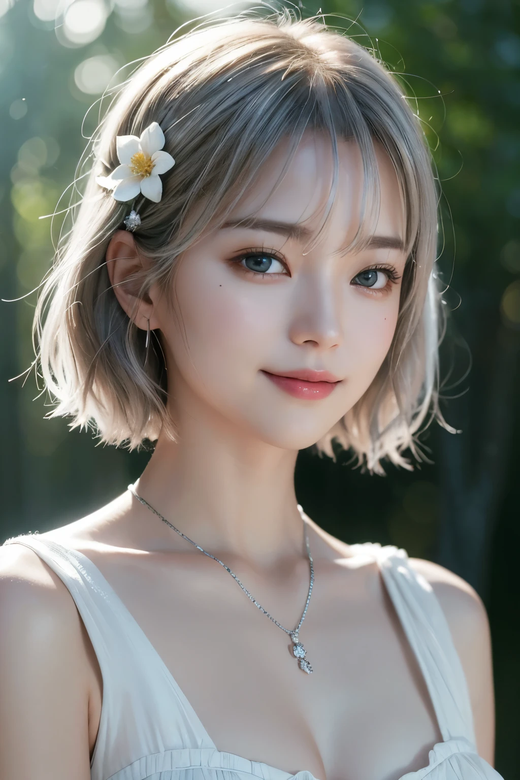 Highest quality, masterpiece, Ultra-high resolution, masterpieceハイパーリアリズム、Photorealistic、Beautiful Humanoid、Realistic Skin、 Silver short bob hair、Small flower hair ornament、A Little Smile、loose fitting dress、Misty Forest、Atmospheric perspective、Cinematic lighting、Soft Lighting、Film Grain、Fujifilm XT3