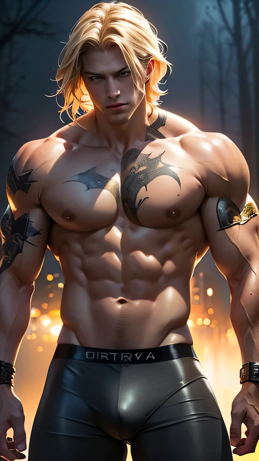 blond man, Looking at this, Realistic, bodybuilder, Sexy costume and underwear, at night forest. (Pointy groin bulge)、masterpiece, 最high quality, high quality, High resolution、Super detailed photos、(Natural skin texture、Detailed skin、Hyperrealism、Ultra Sharpness)、Skin with attention to detail、(Very detailed、Detailed skin texture、Intricate details、Beautiful Face、(A vivid face)、Realistic eyes、Beautiful and fine details、Realistic Skin、Beautiful skins、超Realistic、Very detailed、Golden Ratio