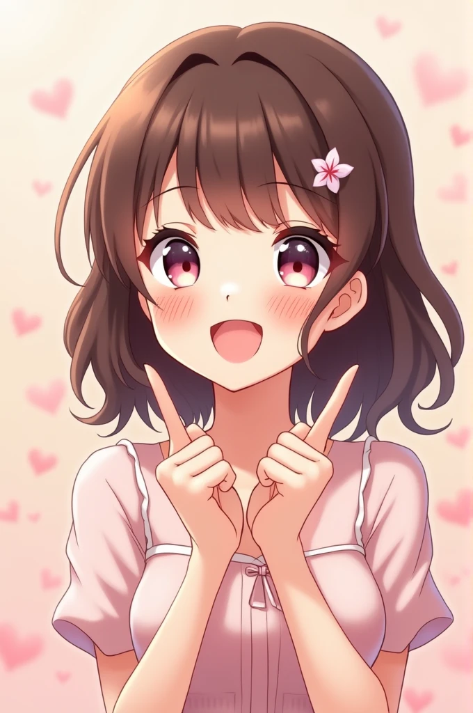 Anime woman smiling with fingers crossed in love gesture