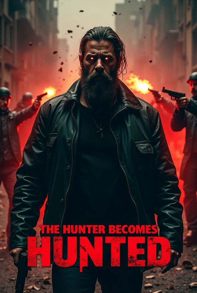 Create a poster about bearded injured serial killer around lot of gangsters fired on him added a text Rent A Killer " The Hunter becomes Hunted" a novel by Nawaz Suria 