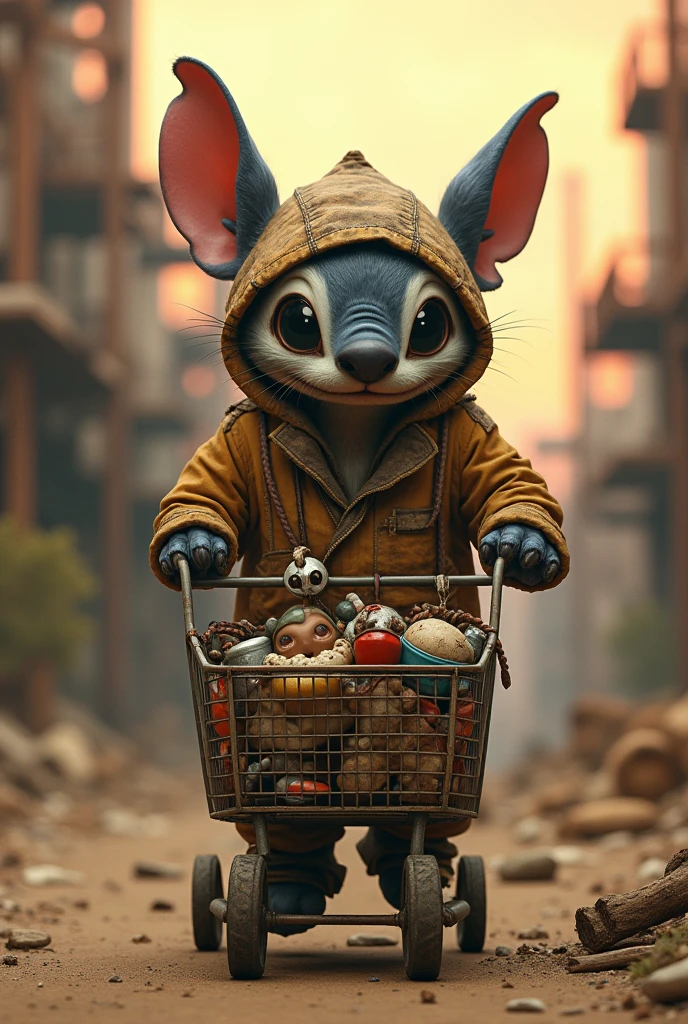 Post apocalyptic RPG character, humanoid Badger wearing a Stich costume from the movie Lilo and Stich pushing a grocery cart full of trinkets