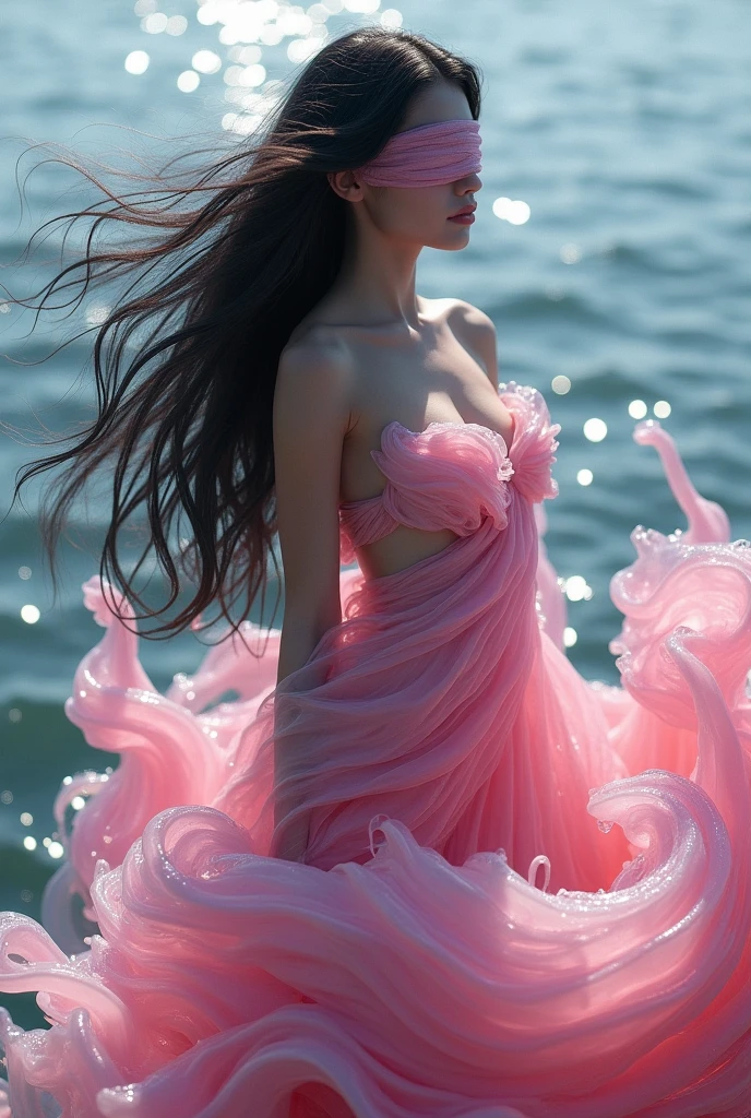 a mermaid, de cabelos pretos, pink syrup that reflects the light, the sea around you, blindfolded but looking like a magical and perfect being, and her full body appear, e a calda dela aparece
