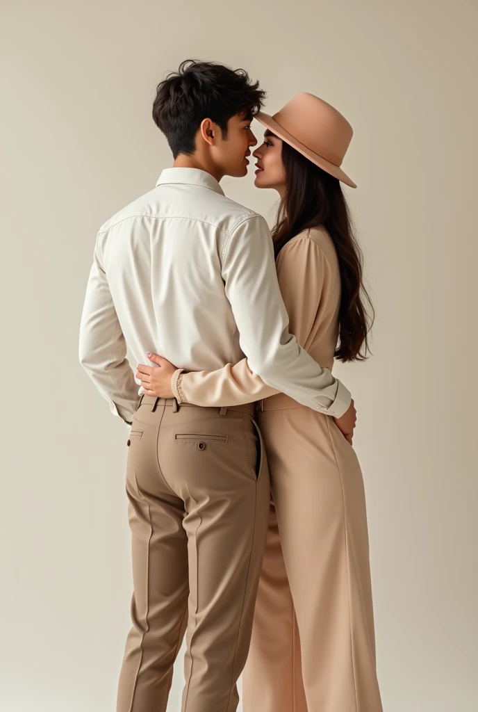 20 years old handsome guy wore dress shirt and hammer pant with his girlfriend wore plain co-ord set and a cute hat