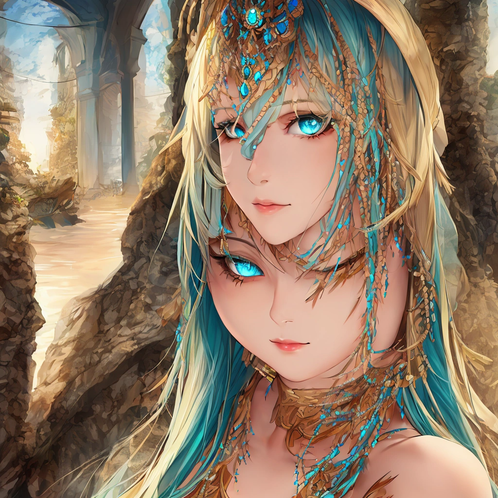 blonde woman, turquoise eyes, Beautiful detailed face, foreground