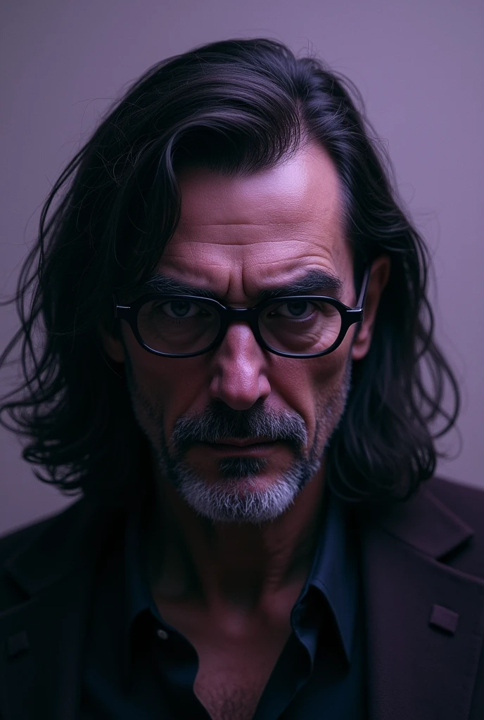 Man in purple, Long hair, glasses and cold look
