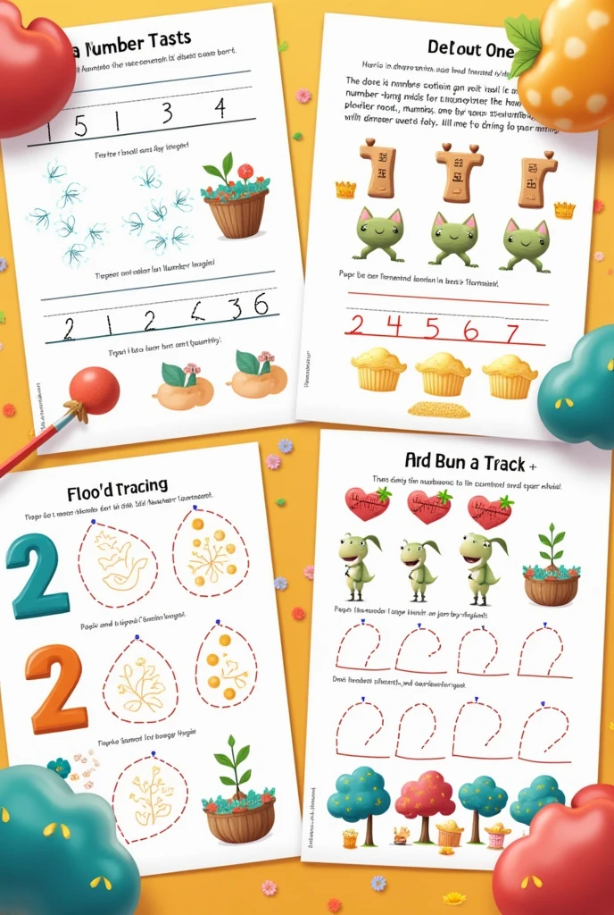 Number Tracing and Recognition: Worksheets for tracing numbers, identifying quantities, and basic addition and subtraction with visual aids. 1 *3