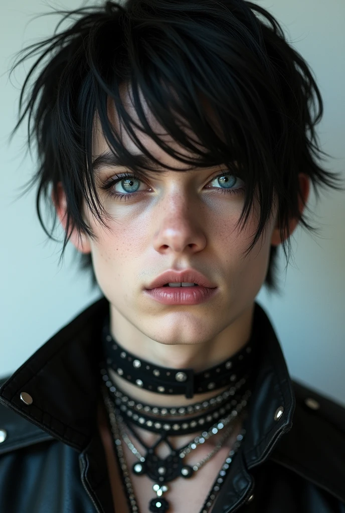 Boy with short black hair, but with style, blue colored eyes, similar to Andy Black from the band Black veil Brides, 3, ((Hyper-Realism)).
